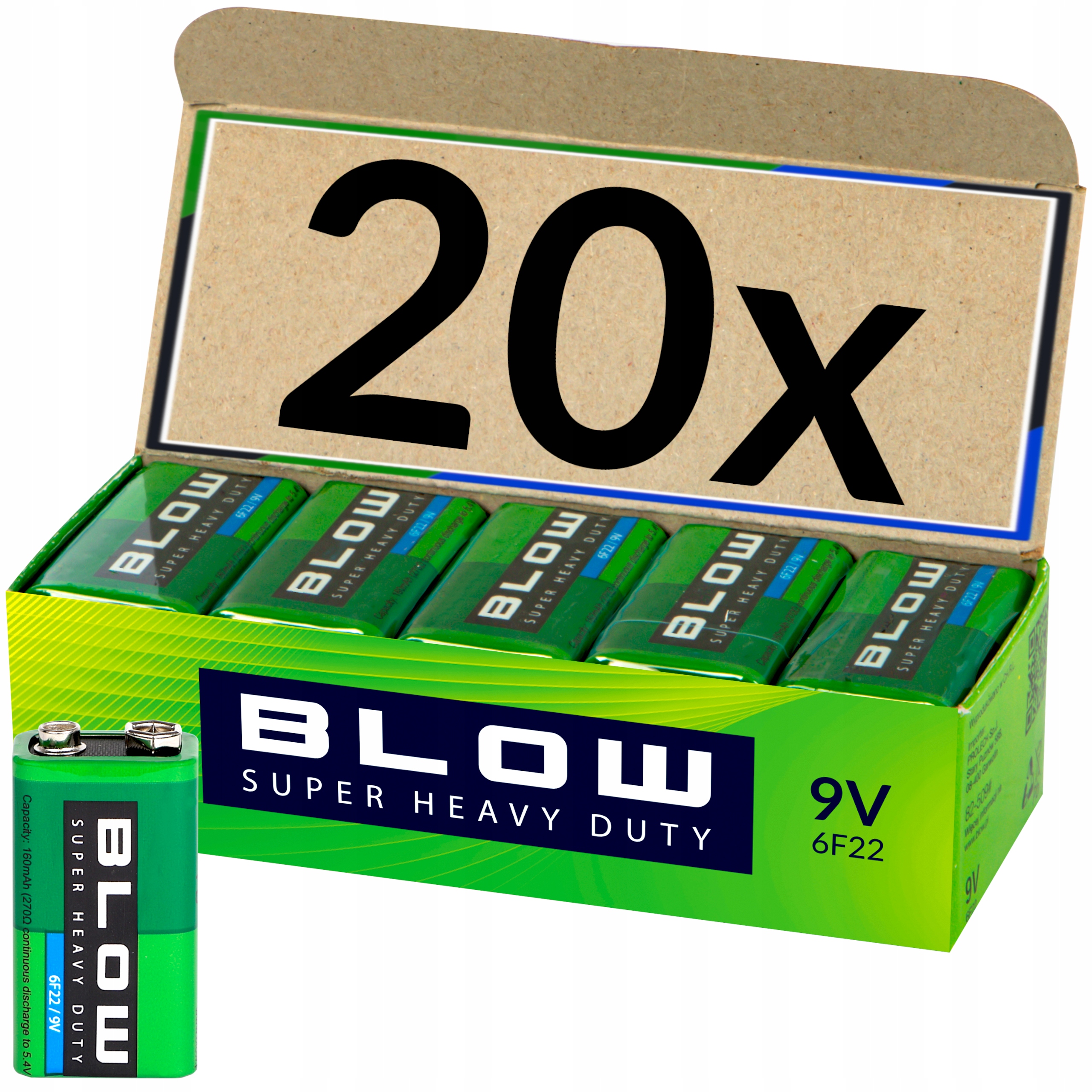 Zinko-uhlíková batéria Blow 9V (6F22) 20 ks.